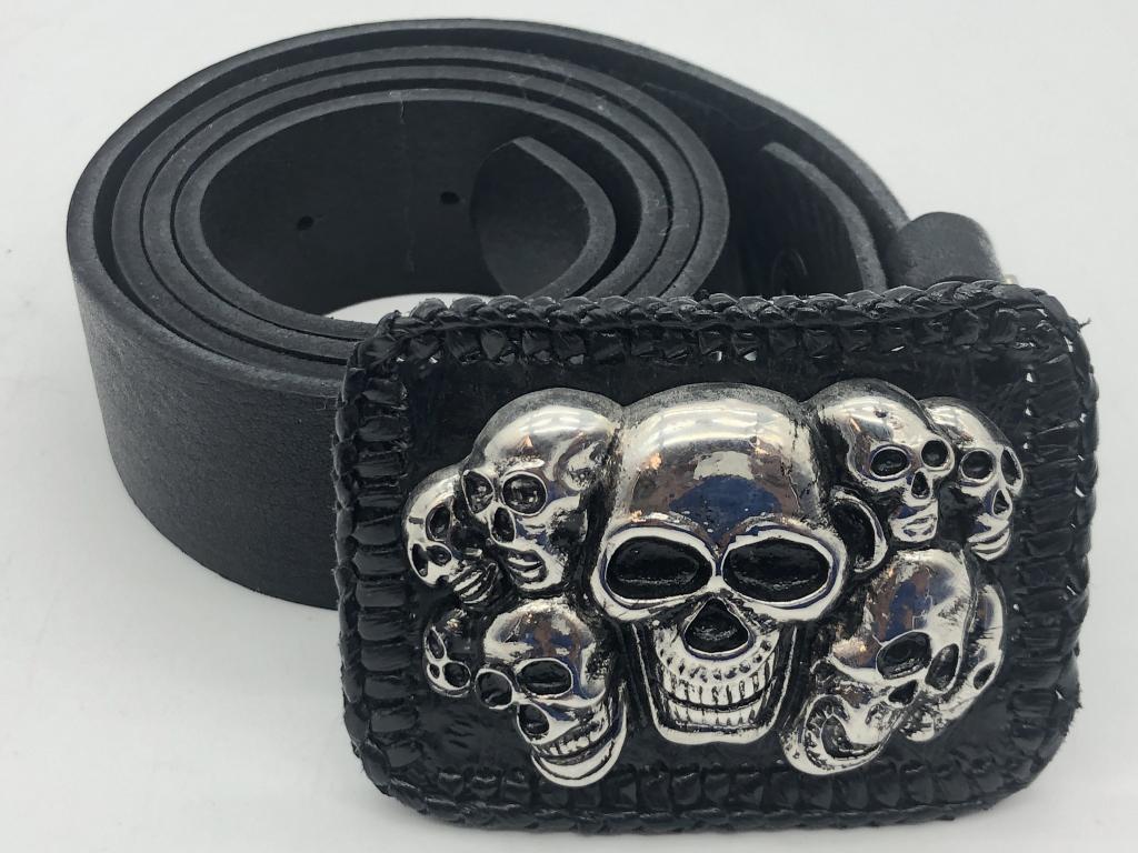 SET OF SKULLS BLACK LEATHER BELT 38": SET OF SKULLS BLACK LEATHER BELT 38"-GOOD CONDITION-JD121021