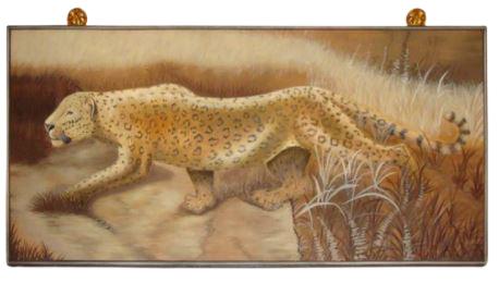 MAITLAND SMITH LEOPARD OIL ON BOARD WALL ART 72": MAITLAND SMITH LEOPARD OIL ON BOARD WALL PLAQUE -36" X 72" APPROX- VERY GOOD CONDITION-DP12321