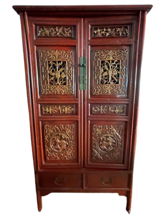 VINTAGE RED & GOLD GILT ASIAN CABINET 68" (1 of 5)