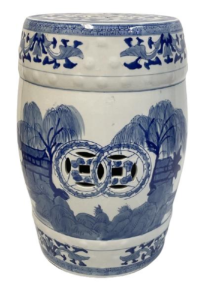 VINTAGE ASIAN STYLE BLUE & WHITE GARDEN STOOL (1 of 3)