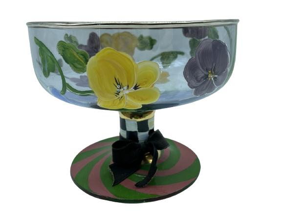 VTG MACKENZIE CHILDS PANSY COMPOTE GLASS BOWL: VINTAGE MACKENZIE CHILDS HAND PAINTED PANSY GLASS COMPOTE BOWL-5" X 6.5" APPROX-VERY GOOD CONDITION WEAR CONSISTENT WITH AGE, AND LIGHT USE-DP121521