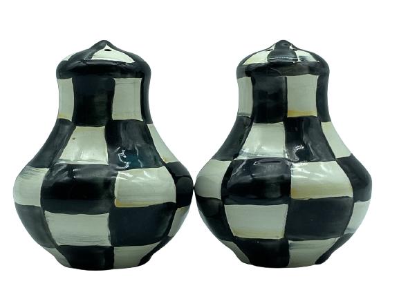 MACKENZIE CHILDS COURTLY CHECK S & P SHAKERS 2": VINTAGE MACKENZIE CHILDS HAND PAINTED COURTLY CHECK SALT & PEPPER SHAKERS-2" APPROX-VERY GOOD CONDITION WEAR CONSISTENT WITH AGE, AND LIGHT USE-DP121521