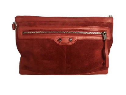 VINTAGE BALENCIAGA RED LEATHER CLASSIC CLIP POUCH: VINTAGE BALENCIAGA RED CALFSKIN CLASSIC CLIP POUCH - 32CM X 22CM X 2CM- RED SUEDE/GRAINED CALFSKIN LEATHER- SILVER HARDWARE- DUSTBAG- AAP9909- VERY GOOD CONDITION- WOMEN'S DESIGNER HANDBAGS AND