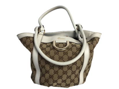 GUCCI MONOGRAMED D RING HANDBAG BEIGE/BROWN CANVAS: GUCCI MONOGRAMED D RING HANDBAG BEIGE/BROWN CANVAS- Ivory Leather Strap w/ Gold Hardware- 7.5"L 8.9"H 2.0"W- Very Good Condition- AAN4237