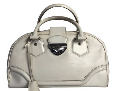 LOUIS VUITTON MONTAIGNE WHITE EPI LEATHER BAG: LOUIS VUITTON MONTAIGNE WHITE EPI LEATHER BAG - White Epi Leather Shoulder Bag W/White Leather Strap, Silver Brass Hardware andKeys in Clochette- 14.6"L 7.9"H 5.9"W- Good Condition-