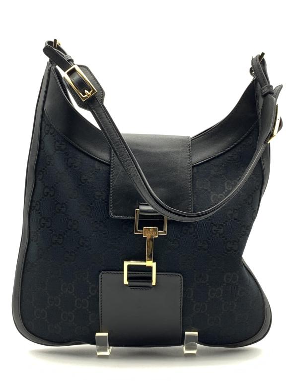 VTG GUCCI BLACK MONOGRAM CANVAS JACKIE O HOBO BAG (1 of 4)