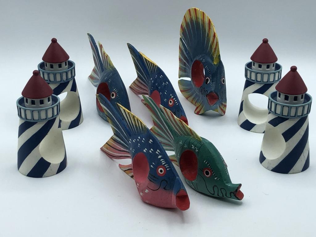 SET OF 9 TROPICAL NAPKIN HOLDERS: SET OF 9 TROPICAL NAPKIN HOLDERS -FISH AND LIGHTHOUSES