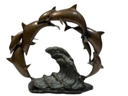 VINTAGE CAST BRONZE JUMPING DOLPHIN STATUE SIGNED: VINTAGE CAST BRONZE JUMPING DOLPHIN STATUE SIGNED ILLEGIBLE | COASTAL MODERN STATUES SCULPTURES