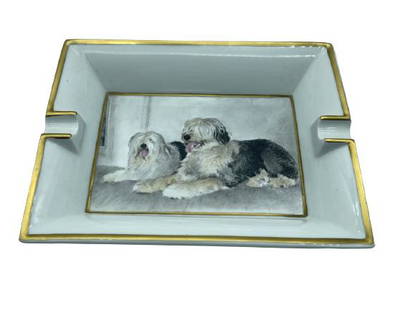 VINTAGE HERMES OLD ENGLISH SHEEPDOG TRINKET DISH: VINTAGE HERMES OLD ENGLISH SHEEPDOG TRINKET DISH CHANGE TRAY | COLLECTIBLE DOGS PUPPIES ANIMAL LUXURY HOME DECOR -1.5" X 8"X 6" APPROX