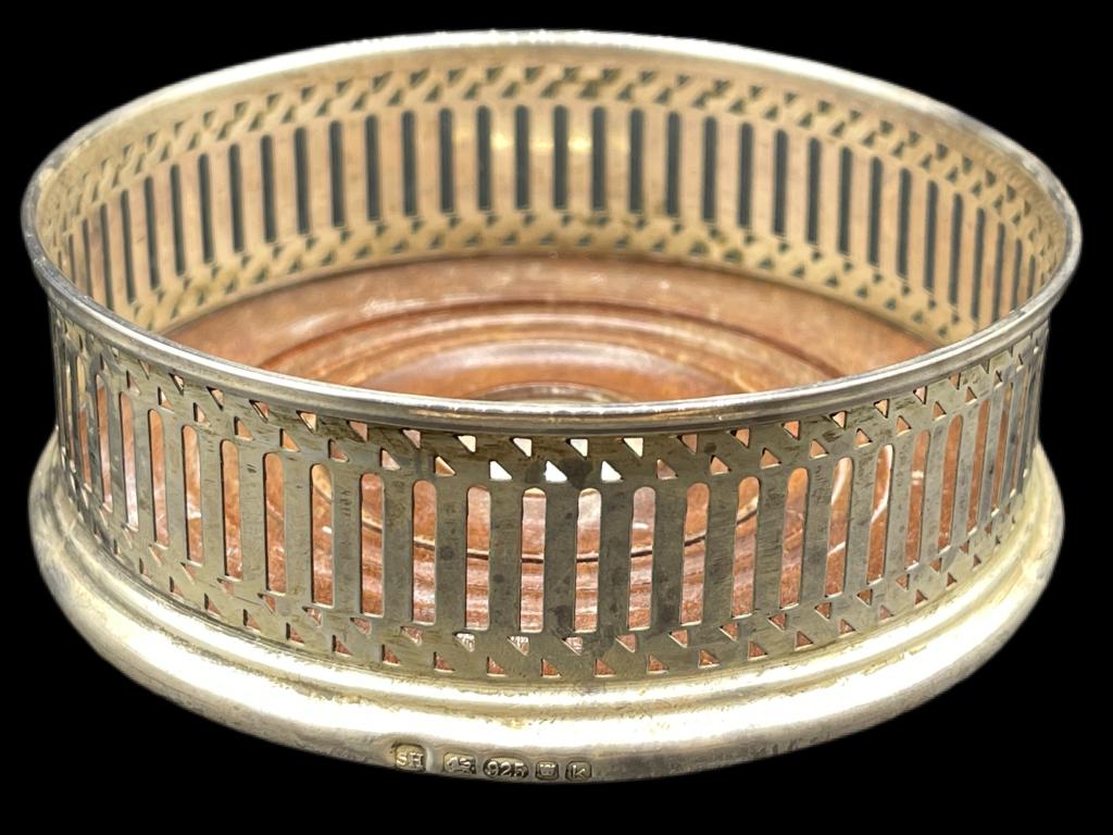 VTG STERLING SILVER AND WOOD WINE CADDY: VTG STERLING SILVER AND WOOD WINE CADDY