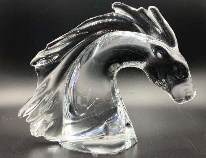 VTG DAUM FRANCE GLASS HORSE HEAD FIGURINE 8": VINTAGE DAUM FRANCE GLASS EQUESTRIAN HORSE HEAD FIGURINE | COLLECTIBLE GLASS ART SCULPTURES -8" X 9" X 3" APPROX- MARKED- GOOD VINTAGE CONDITION, SMALL CHIP TO BOTTOM-DP6221
