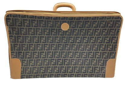 VINTAGE FENDI KHAKI ZUCCA SUITCASE TRUNK 23": VINTAGE FENDI KHAKI ZUCCA CANVAS SUITCASE TRUNK - 59CM X 38CM X 17CM- KHAKI, BLACK & BROWN ZUCCA CANVAS W/BROWN LEATHER- GOLD HARDWARE- VERY GOOD CONDITION- AAQ6900- WOMEN'S DESIGNER HANDBAGS AND