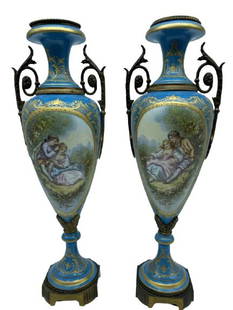 ANTIQUE PAIR OF SEVRES PORCELAIN URNS 19": ANTIQUE PAIR OF SEVRES PORCELAIN URNS WITH GALLANT MARIE ANTOINETTE STYLE SCENES HANDPAINTED ON CELESTIAL / CELESTE BLUE WITH GOLD GILT & BRONZE ORMOLU DETAIL -MARKED FRANCE TO BOTTOM-19" X 6" X 4"