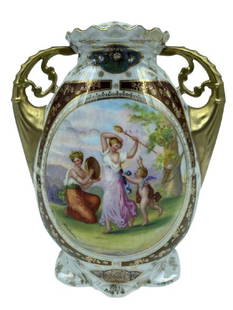 ROYAL VIENNA PORCELAIN VASE / FLOWER URN 10": ROYAL VIENNA AUSTRIA PORCELAIN VASE / FLOWER URN WITH STEM LID TOP | COLLECTIBLE ANTIQUES HOME DECOR VASES-HAND PAINTED NEOCLASSIC STYLE WHIMSICAL CHERUBS AND ANGELS ADORN THE FRONT, GOLD GILT