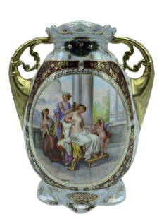 ROYAL VIENNA PORCELAIN VASE / FLOWER URN 10": ROYAL VIENNA AUSTRIA PORCELAIN VASE / FLOWER URN WITH STEM LID TOP | COLLECTIBLE ANTIQUES HOME DECOR VASES-HAND PAINTED NEOCLASSIC STYLE WHIMSICAL CHERUBS AND ANGELS ADORN THE FRONT, GOLD GILT