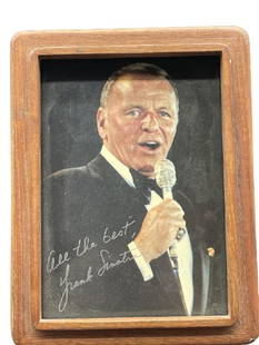 FRANK SINATRA AUTOGRAPH PHOTO PRINT 8": FRANK SINATRA " OLD BLUE EYES " AUTOGRAPH PHOTO REPRODUCTION PRINT IN WOOD FRAME | COLLECTIBLE HOLLYWOOD VEGAS MEMORABILIA -8" X 6" APPROX-SIGNED ALL THE BEST FRANK SINATRA-VERY GOOD CONDITION WEAR