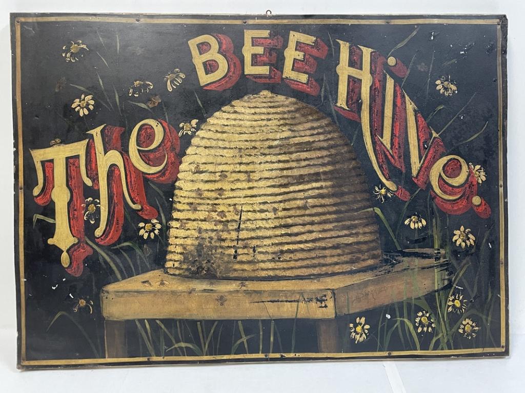 RUSTIC HANDPAINTED METAL SIGN "THE BEEHIVE" 28" (1 of 6)