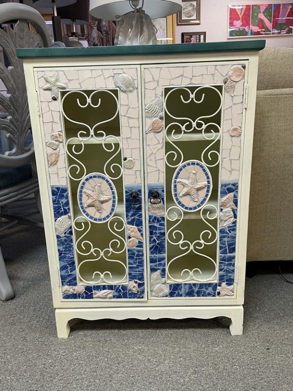 COASTAL SEASHELL MOSAIC SIDE CABINET 36": COASTAL SEASHELL MOSAIC SIDE CABINET-36" X 25.5" X 12.5" APPROX-VERY GOOD CONDITION WEAR CONSISTENT WITH AGE AND USE