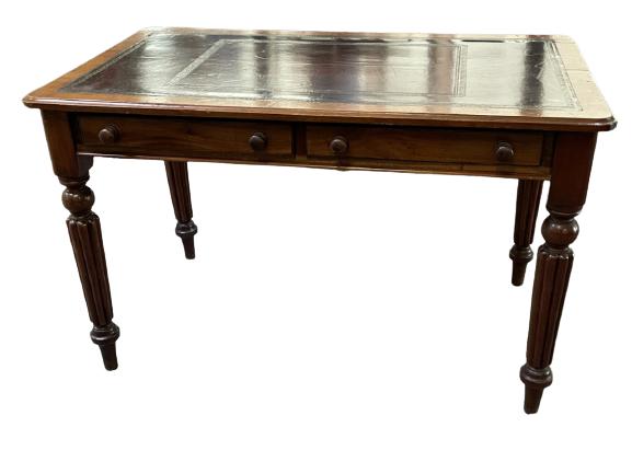 VINTAGE LEATHER TOP 2 DRAWER WRITING DESK 46": VINTAGE LEATHER TOP 2 DRAWER WRITING DESK-28" X 46" X 26" APPROX-GOOD VINTAGE CONDITION, WEAR CONSITENT WITH AGE AND USE, WEAR TO LEATHER-DP12722