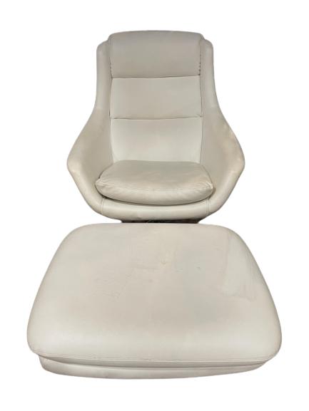 OVERMAN SPACE AGE EGG POD CHAIR & OTTOMAN 36": OVERMAN SPACE AGE EGG POD CHAIR & OTTOMAN MANNER OF ARNE JACOBSEN-36" X 29" X 34" APPROX TO CHAIR, 16"X 22" X 19" APPROX TO OTTOMAN-SIGNED ON BOTTOM-VINTAGE CONDITION, WEAR, WEAR TO CUSHION, DISCOLORA