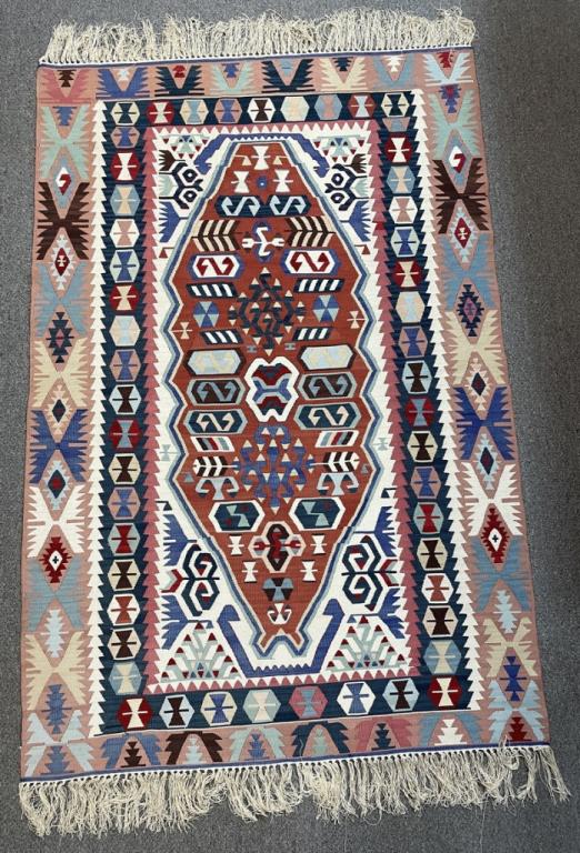 VINTAGE TURKISH KILIM WOVEN AREA RUG 66": VINTAGE TURKISH KILIM WOVEN AREA RUG-66" x 44" APPROX-VERY GOOD CONDITION, WEAR CONSISTENT WITH AGE