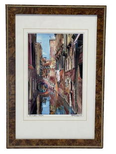 MARTIN ROBERTS TEXTURED CANAL FRAMED PRINT 19": MARTIN ROBERTS TEXTURED CANAL FRAMED PRINT-19" X 13" APPROX TO FRAME-SIGNED IN PLATE-VERY GOOD CONDITION-DP2322