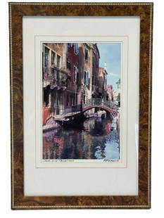 M. ROBERTS CANAL WITH REFLECTIONS FRAMED PRINT 19": MARTIN ROBERTS CANAL WITH REFLECTIONS FRAMED PRINT-19" X 13" APPROX TO FRAME-SIGNED IN PLATE-VERY GOOD CONDITION-DP2322