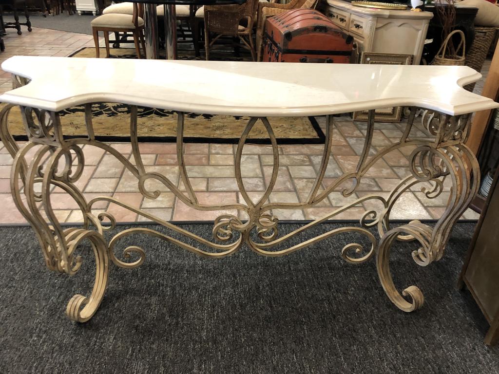 CREAM FAUX MARBLE TOPPED CONSOLE W/CURVATIOUS LEGS: CREAM FAUX MARBLE TOPPED CONSOLE W/CURVATIOUS LEGS61LX19.5DX29.5H