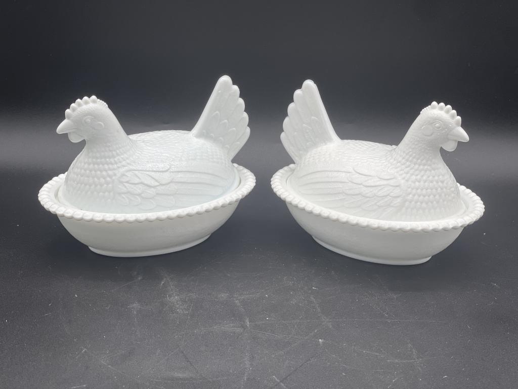 PAIR HEN ON NEST MILK GLASS CHICKEN COLLECTIBLES (1 of 4)