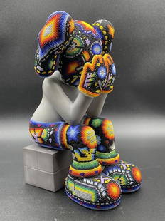 KAWS / CHROMA HUICHOL BEADED SCULPTURE 11": KAWS "SEATED COMPANION" MIXED MEDIA SCUPTURE BY CHROMA AKA RICK WOLFRYD 2021-COLOR BEADED RESIN SCULPTURE HUICHOL STYLE-11" X 6" X 7" APPROX-SIGNED AND ANNOTATED 0006 STAMPED KAWS 07 MEDICOM TOY-EACH