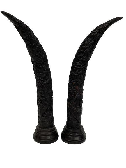 PAIR OF CARVED MAHOGANY WOOD TUSKS 15" (1 of 5)