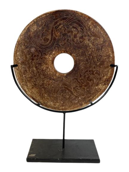 LARGE ASIAN STYLE RED STONE COIN ON DISPLAY STAND (1 of 4)