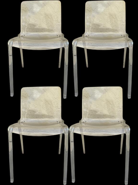 SET OF 4 TIFFANY LUCITE GOST CHAIRS BY CASPRINI: SET OF 4 TIFFANY LUCITE GOST CHAIRS BY CASPRINI / MARCELO ZILIANI-32" X 17" X 16" APPROX EACH-GOOD VINTAGE CONDITION, DISCOLORATION, CRAZING-DP21822