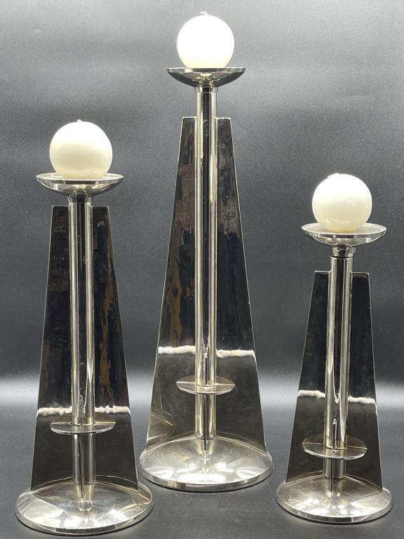 SET OF 3 MACHINE AGE CHROME CANDLESTICKS (1 of 2)