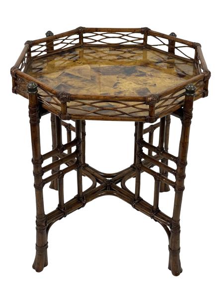 LEXINGTON BAMBOO RATTAN PENNSHELL STYLE SIDE TABLE: TOMMY BAHAMA FOR LEXINGTON BAMBOO RATTAN PENNSHELL STYLE SIDE TABLE-27" X 23" X 23" APPROX-VERY GOOD CONDITION WEAR CONSISTENT WITH AGE AND USE-DP22222