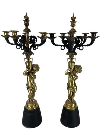 PAIR OF GILT BRONZE CHERUB CANDELABRAS 28" (1 of 2)