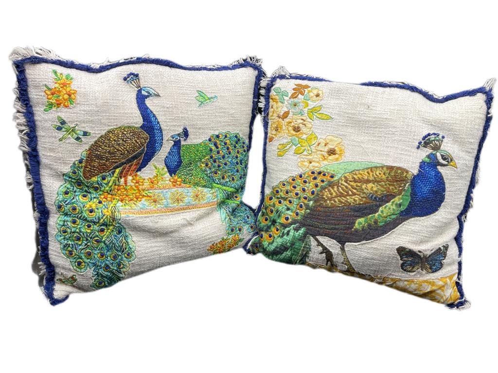 PAIR OF VINTAGE PEACOCK PILLOWS: PAIR OF VINTAGE PEACOCK PILLOWS