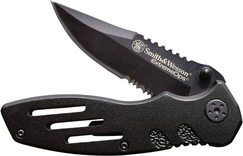 SMITH & WESSON EXTREME OPS SWA24S 7" KNIFE: SMITH & WESSON EXTREME OPS SWA24S 7" KNIFE. Brand new in box. Smith & Wesson folding knife is made with a black high carbon stainless-steel partially serrated clip point blade. This knife has