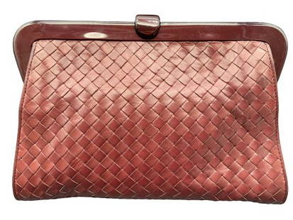 VTG BOTTEGA VENETA LUCITE FRAMED CLUTCH: VTG BOTTEGA VENETA LUCITE FRAMED CLUTCH-WOVEN RED LEATHER CLUTCH-11" X 7.5"-MADE IN ITALY-GOOD CONDITION WITH SMALL SIGNS OF USE-JF3/1