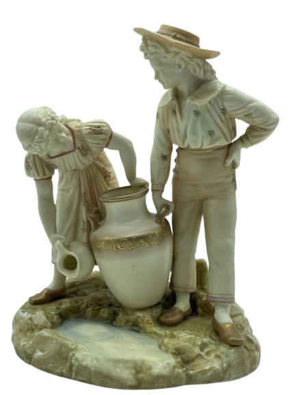 ROYAL WORCESTER GIRL & BOY W JUG MANTEL PIECE 10": JAMES HADLEY ROYAL WORCESTER YOUNG GIRL & BOY HOLDING JUG & URN MANTEL PIECE -STAMPED 1046- 10" X 8" DIAMETER APPROX-VERY GOOD CONDITION-DP22322
