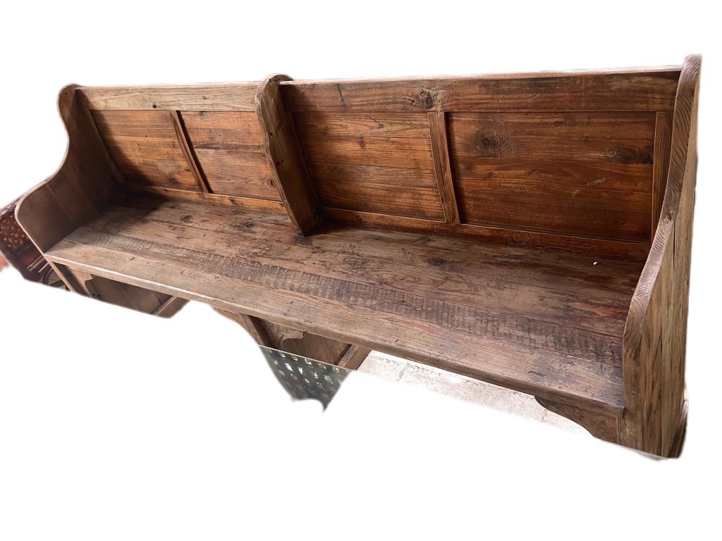 VINTAGE WOOD CHURCH PEW: VINTAGE WOOD CHURCH PEW-MEASUREMENTS-VERY GOOD CONDITION , WEAR CONSISTENT WITH AGE-THIS LOT MUST BE PICKED UP OFFSITE-THIS LOT MUST BE PICKED UP OFFSITEMUST BE PICKED UP IN EL CID IMMEDIATELY AFTER A