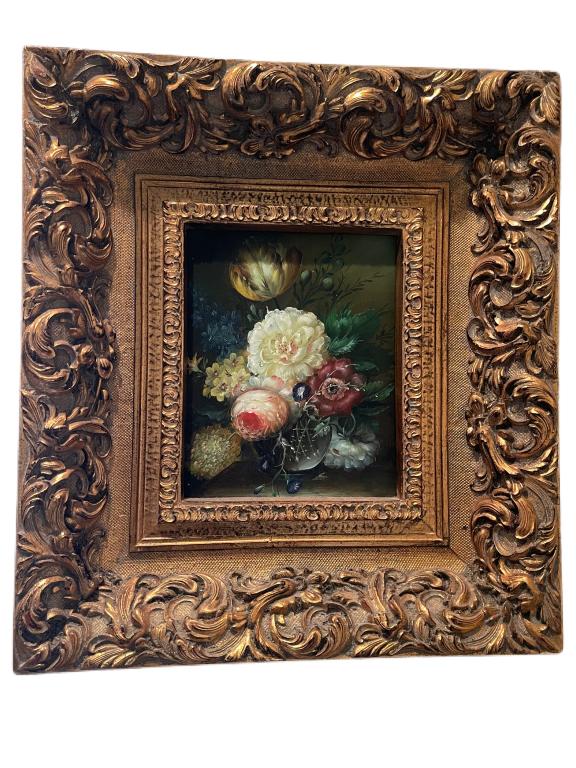 FLORAL STILL LIFE PAINTING IN GOLD GILT FRAME 20": VINTAGE FLORAL STILL LIFE PAINTING IN GOLD GILT FRAME-20" X 18" APPROX-VERY GOOD CONDITION-THIS LOT MUST BE PICKED UP OFFSITEMUST BE PICKED UP IN EL CID IMMEDIATELY AFTER AUCTION OR WED MARCH 9 FROM 1