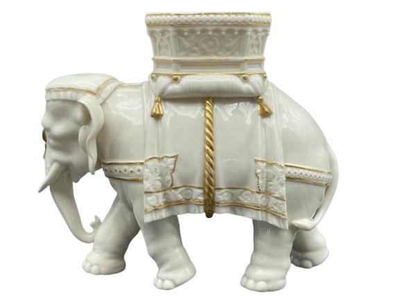 ANTIQUE ROYAL WORCESTER BLANC DE CHINE ELEPHANT 9": ANTIQUE ROYAL WORCESTER 19TH CENTURY WHITE BLANC DE CHINE (WHITE FROM CHINA) ORNAMENTAL ELEPHANT FIGURINE HIGHLIGHTED IN GOLD-7.5" X 9" X 3" APPROX-VERY GOOD CONDITION-DP22822