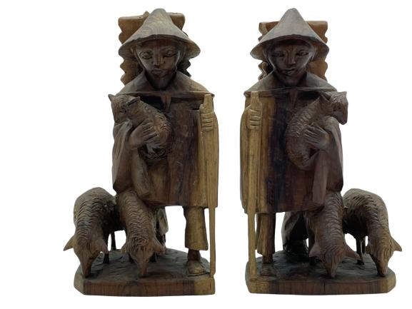 CARVED TIMBER WOOD SHEEP HERDER FIGURINES 9" PAIR (1 of 4)