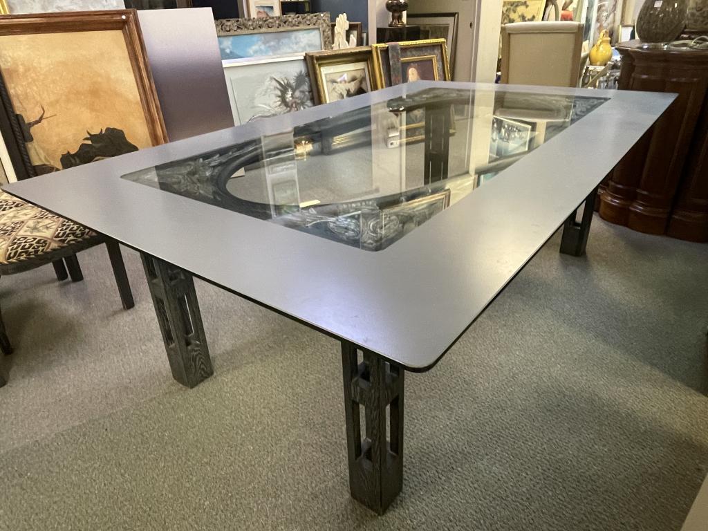 JAMES MONT CARVED WOOD W GLASS TOP DINING TABLE (1 of 6)