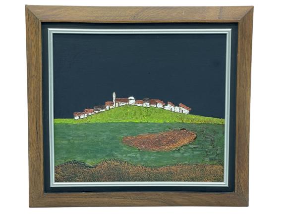 ROBERTO HUEZO TEXTURED COUNTRYSIDE PAINTING 15": ROBERTO HUEZO (EL SALVADOR) "PAISAJE" TEXTURED COUNTRYSIDE LANDSCAPE PAINTING-15" X 16" APPROX TO FRAME-VERY GOOD CONDITION-DP2322
