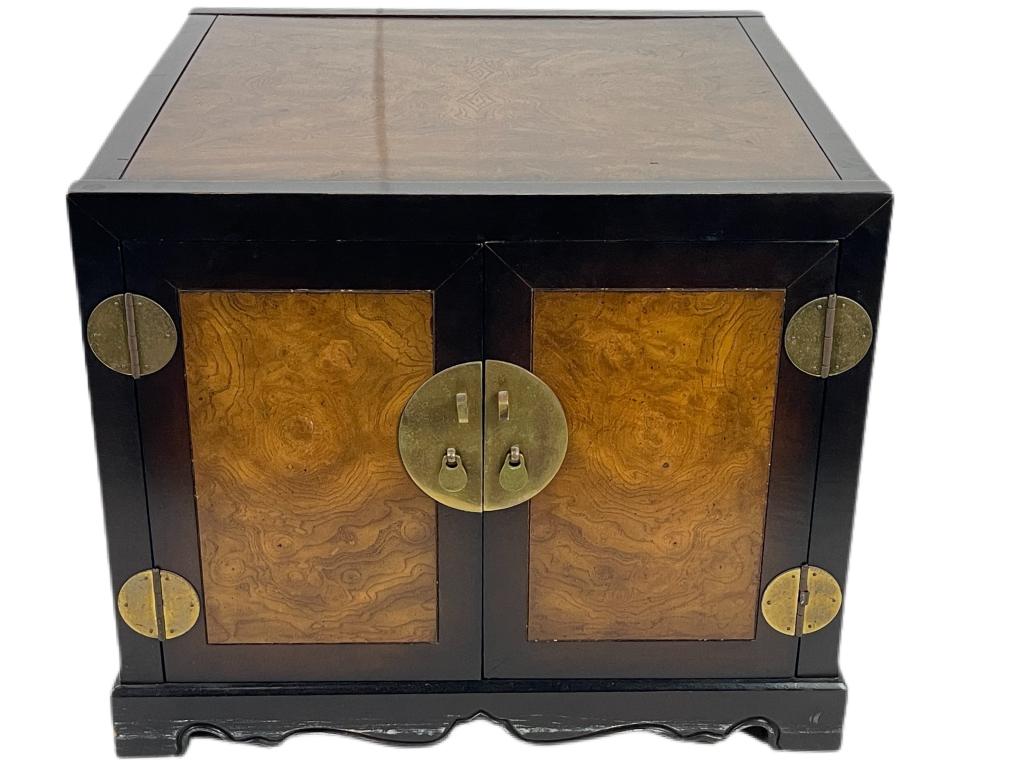 ASIAN INSPIRED BLACK LAQUER AND BURLWOOD CHEST: ASIAN INSPIRED BLACK LAQUER AND BURLWOOD CHEST -1484