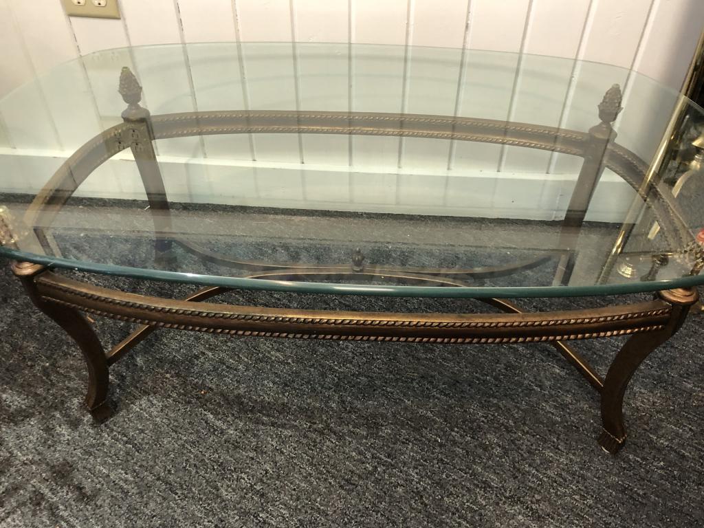 BEVELLED GLASS / BRASS OVAL COCKTAIL TABLE (1 of 5)