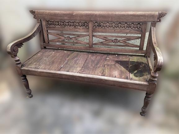 VINTAGE CARVED TEAK WOOD BENCH 60" (1 of 3)