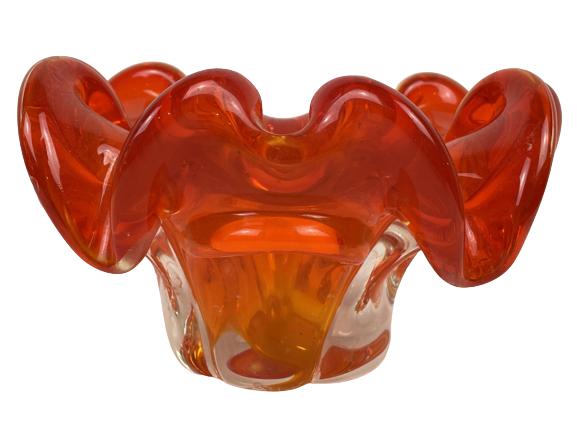 VTG MURANO GLASS ASHTRAY 7.5": VINTAGE MURANO GLASS ASHTRAY IN VIBRANT ORANGE AND YELLOW- 4.25? X 7.5? APPROX-GOOD OVERALL CONDITION WEAR CONSISTENT WITH AGE AND USE -EH31422 AUCTION PREVIEW FOR THIS LOT IS SATURDAY (12PM-3P